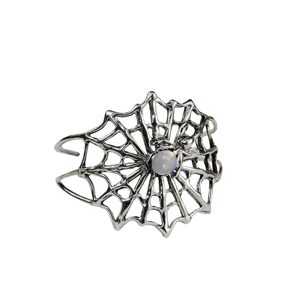 Sterling Silver Spider Web Cuff Bracelet With Rainbow Moonstone